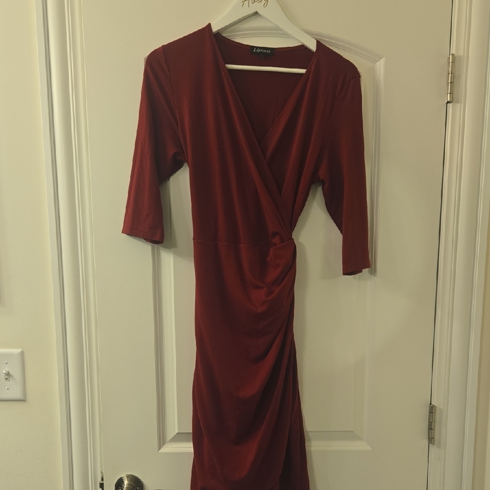 Elegant Long Sleeve Wrap Dress in Deep Red